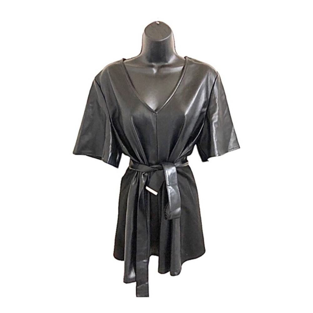 Andrew Marc NY black pleather & knit belted v-neck top blouse size large new